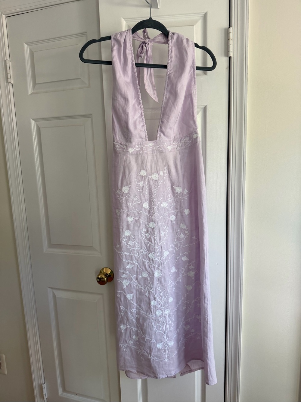 Fanm Mon Karla Lilac Linen Embroidered Halter Midi Dress M $399 - Picture 4 of 11
